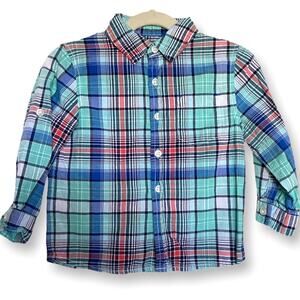 Cherokee Boys Shirt Size 24 Months Aqua Orange White Navy Blue Plaid Roll Tab